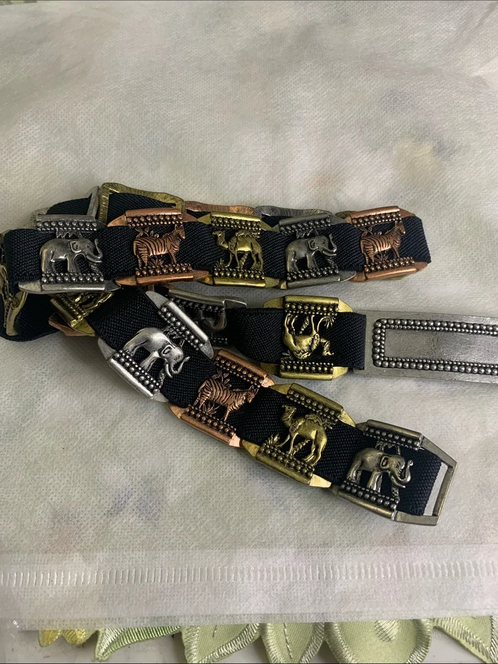 Chico's Black Elastic Belt with Mixed Metal Animal Plates